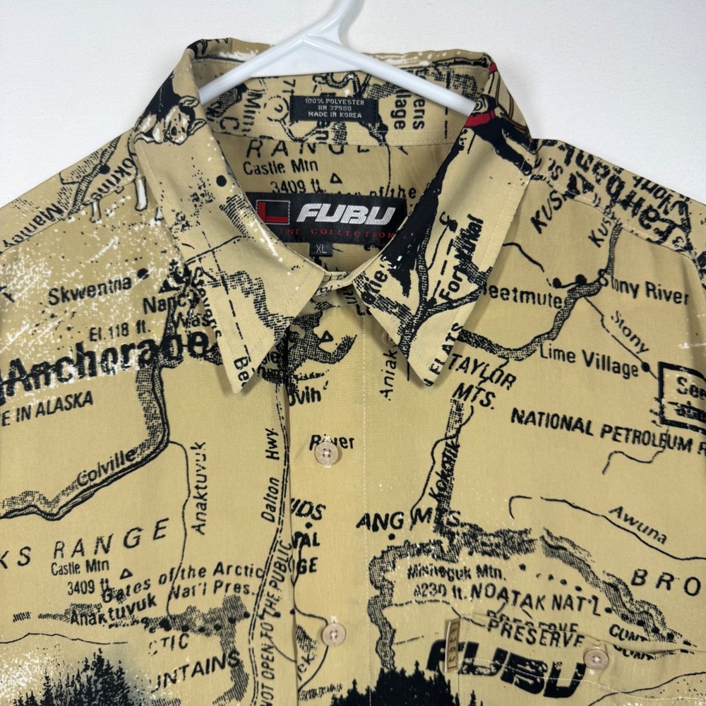 FUBU‎ The Collection Mens XL Alaska Map Dog Sled Long Sleeve Shirt Y2K